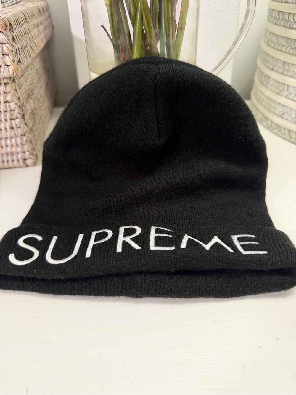 Supreme Black Beanie with White Embroidered Logo